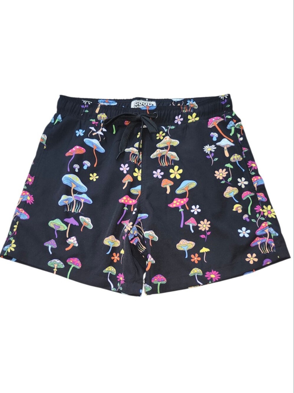 Good Vibes Black Trippy Mushroom Swim Shorts. Sz. S